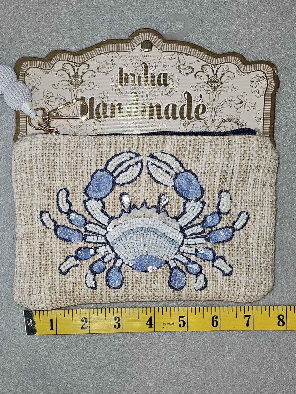 NWT Viral Beaded Blue Crab Wristlet On Natural Woven Fabric - India Handmade 🦀✨ - Picture 7 of 9